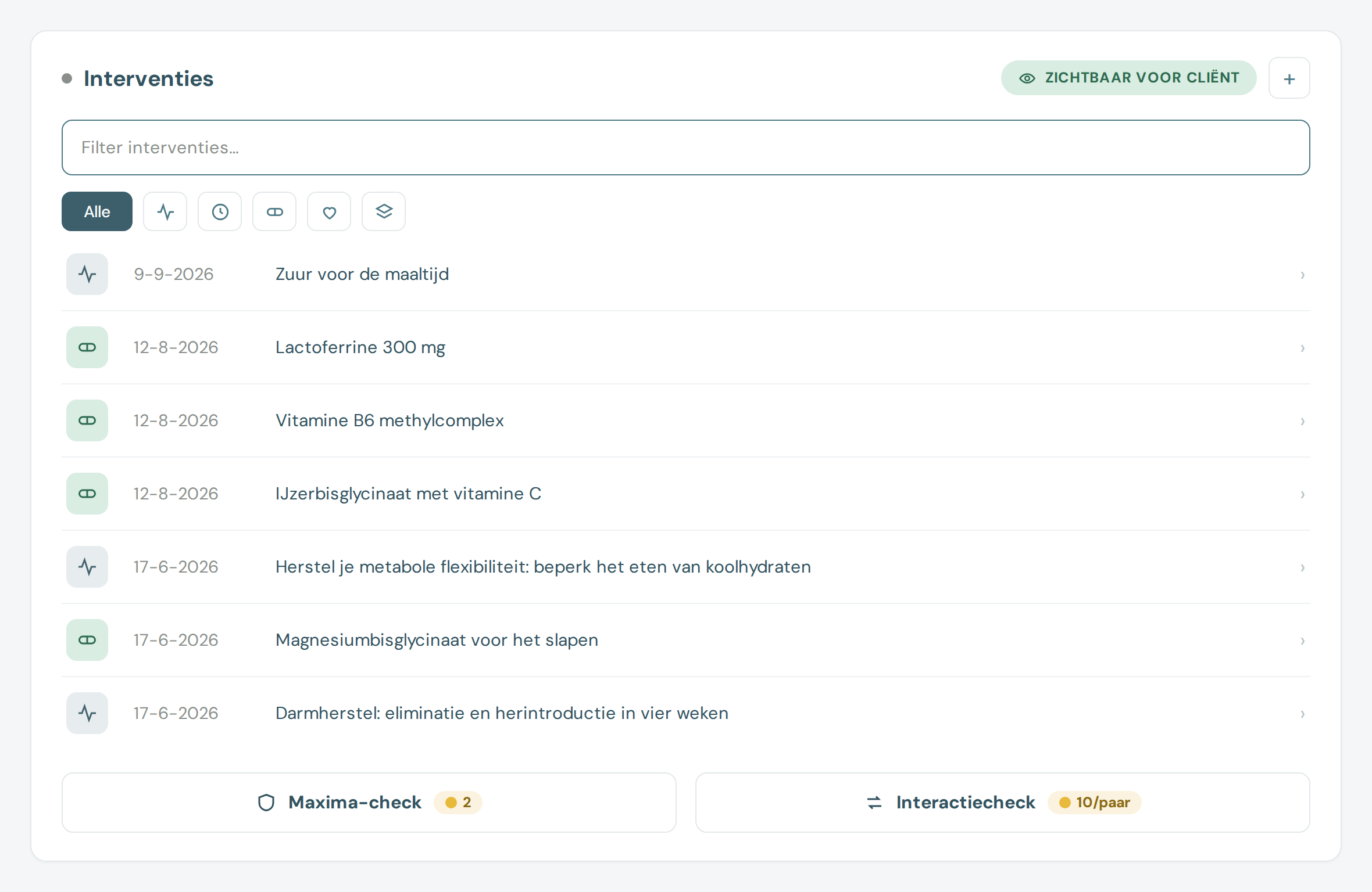 Interventiepaneel in Health Cockpit: de supplementen en leefstijladviezen die een client kreeg, met de knoppen voor een maxima-check en een interactiecheck